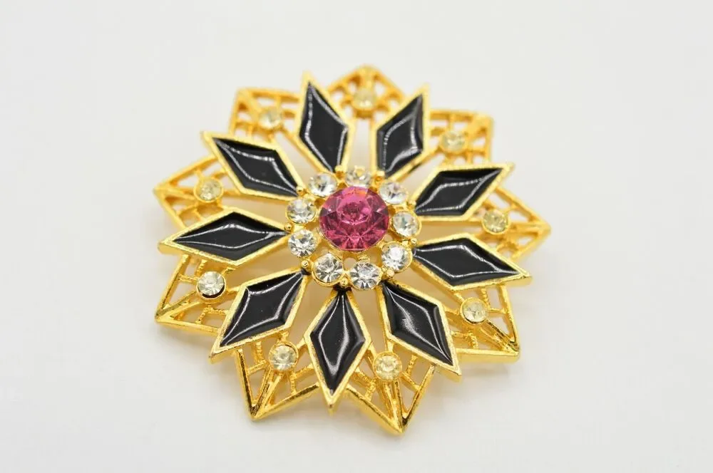 Vintage Crystal Flower Pin Brooch Gold Black Enamel Pink Rhinestone 1980s BinJ